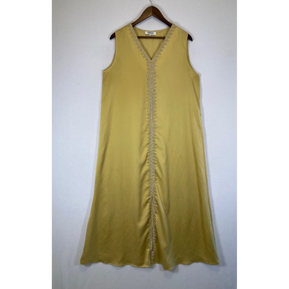 Boho Chic BNSQ Women XXL Mustard Yellow Gold Trim V-Neck Sleeveless Maxi Dress